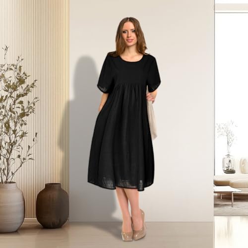 BSBUY Vestido Camiseta Mujer Manga Corta, Vestido Mujer Verano en Talla Grandes, Casual Vestidos Hasta la Rodilla para Mujer, con Plisado, con Bolsillos y Cuello Redondo, Negro-XL
