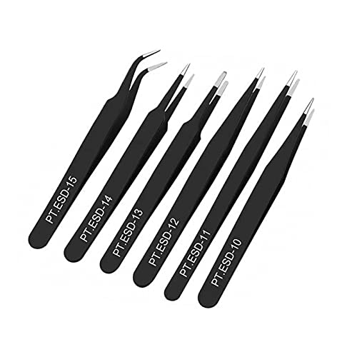 Pinzas para soldar, 6 piezas de acero inoxidable, pinzas de punta resistentes antiestáticas, pinzas de precisión industriales, kit de herramientas de reparación para reparación de dispositivos electró