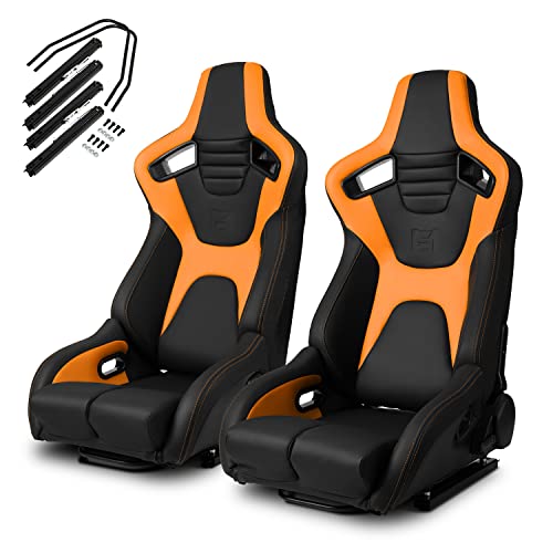 ModifyStreet [Venom Series] Black+Orange PVC Reclinable Sport Racing Seats Pair W/Slider Left/Right