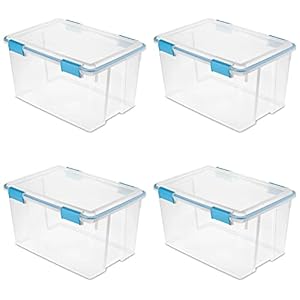 54 Quart Clear Plastic Stackable Storage Container Box Bin with Air Tight Gasket Seal Latching Lid Long Term Organizing Solution, 4 Pack