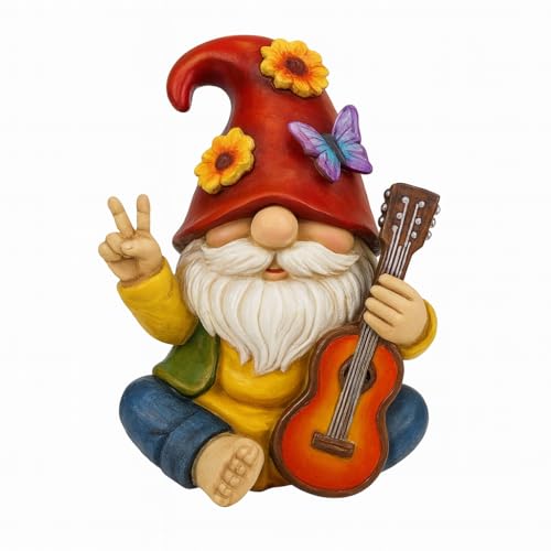 GoGnome Peace Sign Garden Gnome Figurine Outdoor Statue Funny Guitar Playing Dwarf Rock Music Decor - 6 Resin Lawn Ornament Unique Housewarming Gift for Music Lovers & Gardeners (Red)