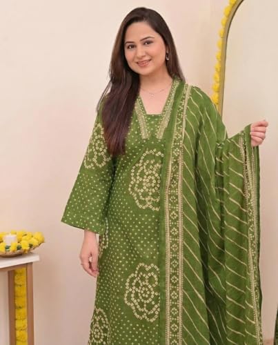 Image of Klosia Women Pure Cotton Kurta Pant Set with Dupatta | Bandhani Print Kurta Sets for Women | Comfortable Suit Sets|Regular Fit
