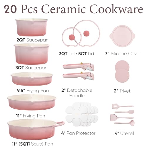 Image of CAROTE 20Pcs Titanium Cookware Set, Pots and Pans Set Non Stick, Kitchen Cooking Set with Detachable Handle, Non Toxic Induction Cookware, Dishwasher /Oven Safe Pink