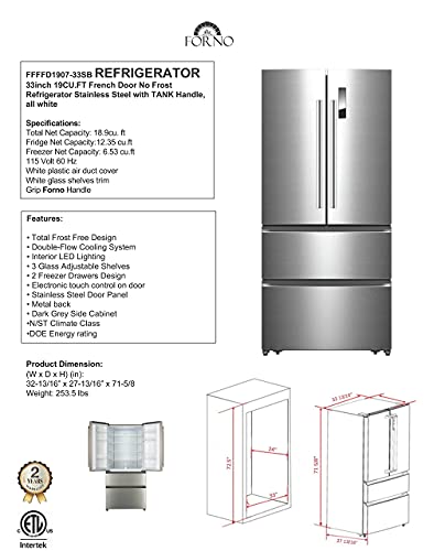 Forno Bovino 33" Inch W. Refrigerator 19 Cu. Ft. Frost Free Design Stainless Steel Touch Control French Doors. #TOP6