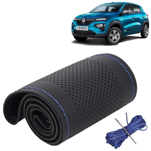 Image of KINGSWAY PU Leatherite Car Steering Cover Sewable Compatible with Renault Kwid (Year 2019 Onwards), Black Color with Blue Thread, Pack of 1 with Sewing Needle and Thread
