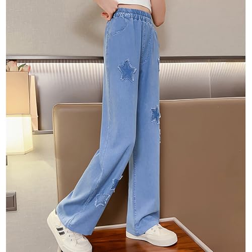 Girls Wide Leg Jeans Straight Baggy Elastic Waist Star Ripped Denim Pants Kids 2025 Cute Fall Classic Fit Pants4