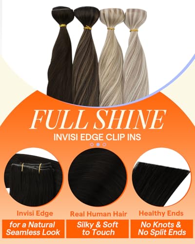 Image of Full Shine Invisi Edge Clip in Human Hair Extensions, Black 16 Inch 120g