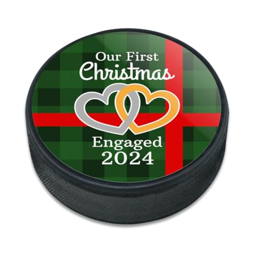 Our First Christmas Engaged 2024 Hearts Green Plaid Ice Hockey Puck
