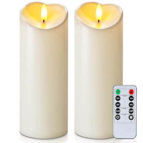 Image of Homemory Outdoor Waterproof LED Candles, Battery Operated with Remote and Timers, Electric Fake Plastic Pillar Candles, Ivory White, Set of 2