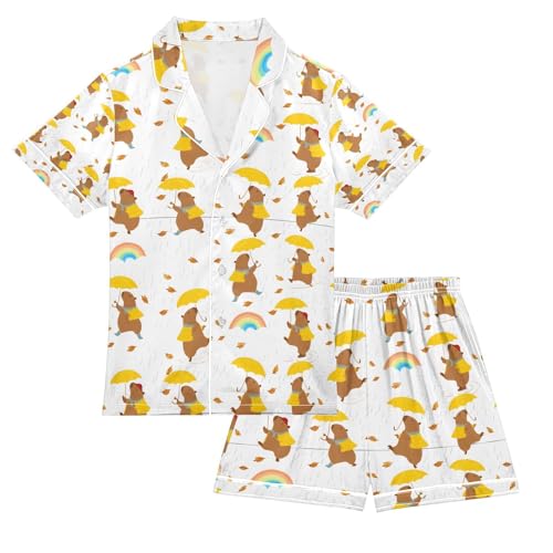 senya Capybara Take An Umbrella Satin Summer Pajama Sets Silk Short Sleeve Button Down Sleepwear