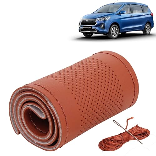 Image of KINGSWAY PU Leatherite Car Steering Cover Sewable Compatible with Toyota Rumion (Year 2023 Onwards), Tan Color with Tan Thread, Pack of 1 with Sewing Needle and Thread