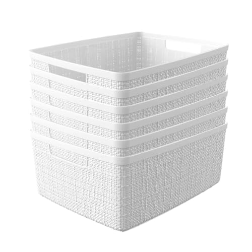 Image of Curver Set of 6 Medium 12L Jute Decorative Plastic Organization and Storage Baskets - Perfect Bins for Home Office, Closet Shelves, Kitchen Pantry and All Bedroom Essentials, White