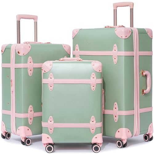 NZBZ Vintage Luggage Sets for Women Retro Suitcase Cute Vintage Expandable Luggage of 3 (Green with Pink 20inch & 24inch & 28inch)