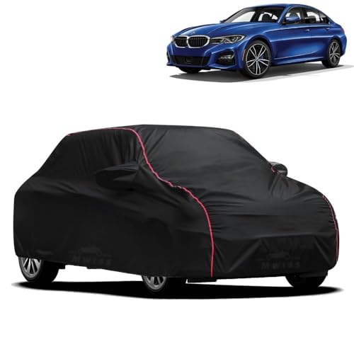 Image of Waterproof Car Cover for BMW M3 | All-Weather Protection, Dustproof & UV Resistant | Triple Stitched Mirror Pockets, Windproof Buckle Strap with Elastic Hem, Black-Red Piping