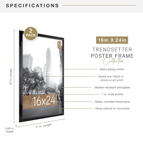 MCS Trendsetter 16x24 Poster Frame Black High-Gloss, Vertical & Horizontal Wall Hanging Large Picture Frame for Photos, Posters & Art Prints (2-Pack)