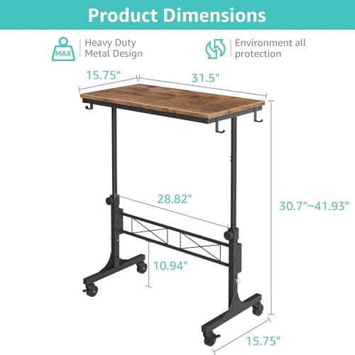 Image of Small Portable Rolling Standing Desk - 32 Inch Adjustable Height Mobile Stand Up Desks with Wheels for Treadmill Walking Pad, Teacher Podium for Classroom, Couch Sofa Side Laptop Table, Rustic Brown