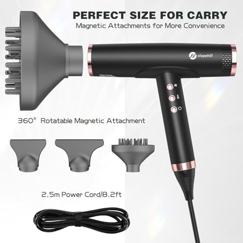 Image of slopehill Professional Ionic Hair Dryer with Diffuser - Lightweight, Compact, Powerful & Fast Salon Blow Dryer with High Speed Brushless Motor for Travel, Women & Men Ceramic, Black