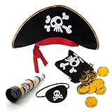 Pirate hat + eyepatch + pirate telescopio de juguete + bolsa de dinero con 20 piezas monedas de pirata de oro para kid pirate poco juego de rol fiesta pirata