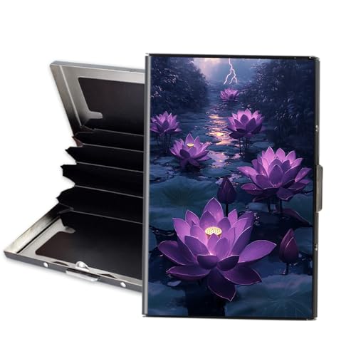 Metal Wallet, Minimalist Aluminum RFID Wallet & Credit Cards Wallets, Purple Lotus Flowers Slim Mini RFID Blocking Credit Card Holder for Men & Women, 6 Slots Front Pocket Card Case