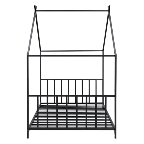 Twin Size Kids Montessori Floor Bed,House Bed Frame with High Headboard,Twin Floor Bed Frame with Roof for Boys Girls (Black)