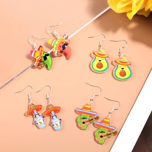 4 Pairs Mexican Cinco De Mayo Earrings, Cute Acrylic Sombrero Avocado Cactus Wine Bottle Chili Pepper Dangle Earrings for Mexican Women Party Fiesta Holiday Jewelry Gift by Mikovivi - Image 3