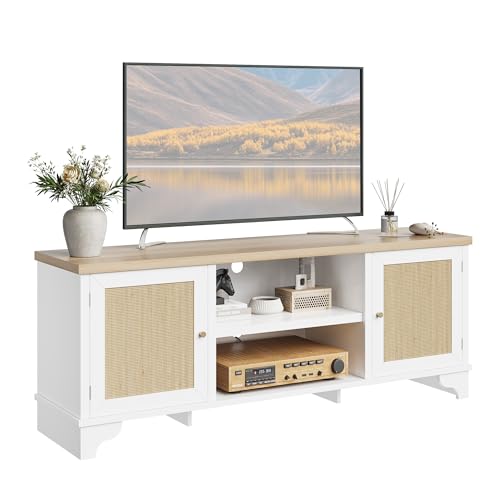 coucheta Rattan TV Stand Fits TVs Up to 70 Inches, Entertainment Center with 2 Cabinets and Open Shelves, Wooden Media Console Table for Living Room, White