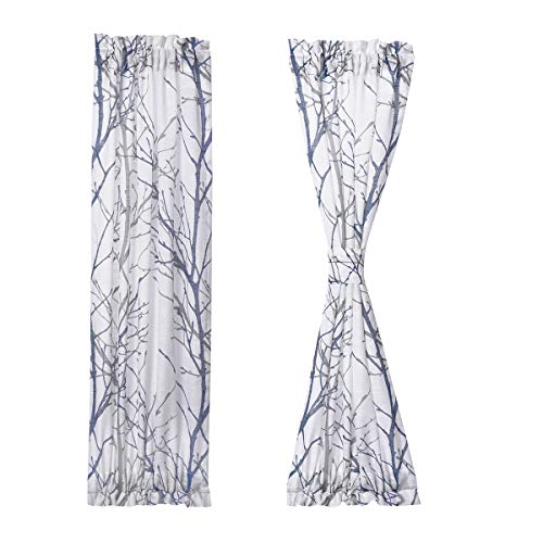 Fmfunctex Sidelight French Door Curtains 40" White, Grey and Blue Branch Tree Print