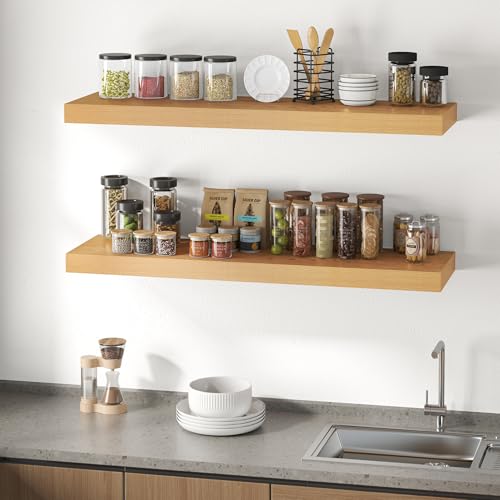 Image of Dreamland 48 inch Floating Shelves for Wall, 12 inch Deep Thicker Oak Floating Shelves, Wall-Mounted Shelves for Bedroom, Living Room, Kitchen, Bathroom - Set of 2