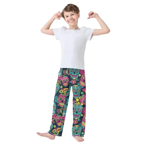 Mexican Skulls Floral Boys Long Pants Soft Trousers Elastic Waist Kids Lounge Bottoms with Pockets S-XL2