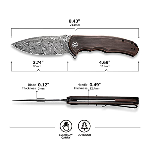 Civivi Praxis Damascus Pocket Knife, Flipper Folding Knife Drop Point Blade, Black Hand Rubbed Copper Handles C803Ds-3 #TOP2