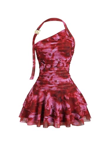 Milumia Women's Floral Mesh Ruched Halter Mini Dress Y2k Ring Linked Ruffle Layered Short Dresses