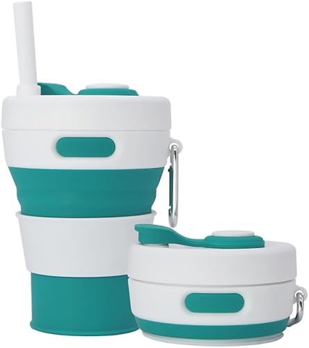 Taza de camping plegable con popote de silicona plegable taza de café botella deportiva portátil de viaje al aire libre coche 16 oz 20 oz (verde)