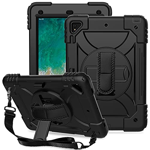 LTROP iPad 6th Generation Case, iPad 5th Generation Case, iPad Air 2 Case, iPad 9.7 Case for Kids, Shockproof 9.7 inch iPad Case with Rotating Stand/Hand Strap/Pencil Holder for iPad 2018/2017 - Black
