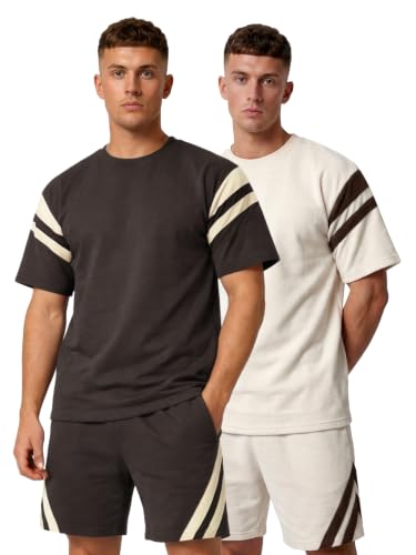 Image of CHKOKKO Men's Co-Ord Set Premium Cotton Blend Oversized T-Shirt & Shorts Cord Set with Side Pockets Round Neck Half Sleeves Solid with Contrasting Stripes Summer or Casual Wear