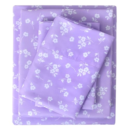 Image of Viviland Full Sheet Set - 4 Piece Cute Purple and White Flower Patterned Bed Sheets - Soft, Breathable Microfiber Sheets with Deep Pocket, Non-Slip Fitted Sheets & Pillowcases