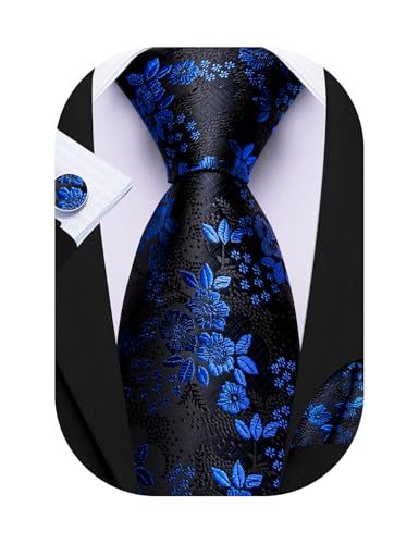 Image of Barry.Wang Flower Ties for Men Handkerchief Cufflinks Set Wedding Necktie Set Party