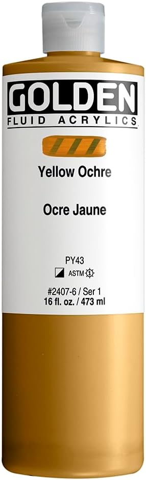 GOLDEN Fluid Acrylics, Yellow Ochre, 16 fl. oz. Bottle, Professional Acrylic Paint, Semi-Opaque