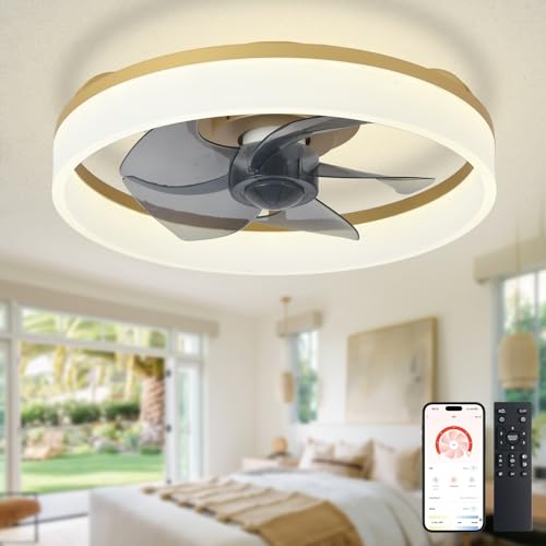 Image of Depuley LED Ceiling Fan with Light: 16" Modern Low Profile Flush Mount Fandelier with App & Remote Control - Dimmable Gold Bladeless Fan Light Fixture for Bedroom Kids Room Living Room