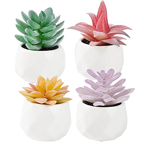 Set Of 4 Mini Artificial Succulent Plants With White Geometric Ceramic Planters Faux Succulent For Bedroom Bathroom Bookshelf Office,Wedding Home Garden Decor（Red/Green/Orange Yellow/Purple） #TOP4