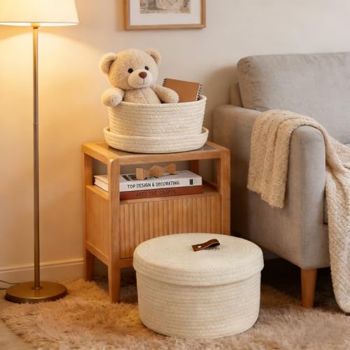 Forbabe 2 Stücke Aufbewahrungskorb Rund Baumwollseil mit Deckel Ø30cm Ø25cm Korb Aufbewahrung Geflochten Handgefertigte für Wohnzimmer Badezimmer (Beige)