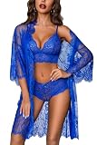 Avidlove Women Sexy Lingerie Set 3 Piece Bra and with Panty Lace Kimono Robe Sheer Sleepwear