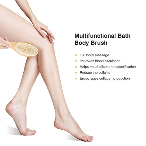 Shower Brush, Bath Body Exfoliating Cleaner Brushes with Long Wooden Handle, Natural Soft and Stiff Massage Bristles for Wet/Dry brushing, Back & Foot Cleaning Scrubber for Women & Man (Wooden) - Thumbnail 2