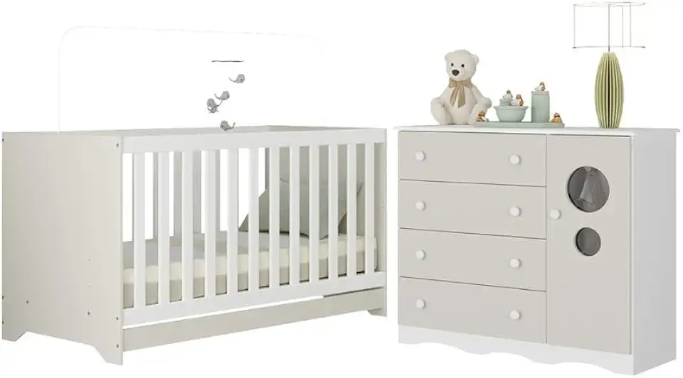 Berço Americano 3 em 1 com Cômoda 1 Porta 4 Gavetas Sonho Multimóveis Mp4709 Branco/off White
