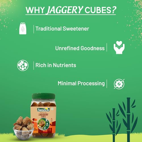 Image of Sweetch Natural Cane Jaggery Cubes 500gm Jar Healthy Sugar Substitute, Desi Gud Bites Size Small | Helps in Digestion | Traditional Sweetener | Sugarcane Jaggery, Gur | Chemincal Free, Nutrient-Rich & Contains Minerals