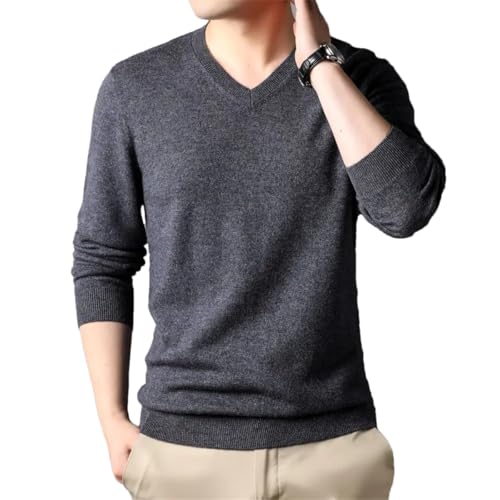 Men Solid V-Neck Long Sleeve Soft Top Autumn Winter Warm Wool Sweater Gray