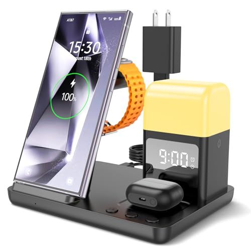 ACEQINGSE 6 in 1 Wireless Charger for Samsung/Android Charging Station with Alarm Clock-Night Light, Wireless Charging for Samsung S25 S24 S23 Ultra, Galaxy Watch Ultra 7 6 5 4, Buds3 Pro,Black