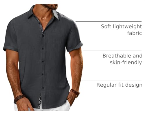 PJ PAUL JONES Men's Button Down Short Sleeve Shirt Casual Summer Beach Textured Wedding Shirts Dark Grey — view 4
