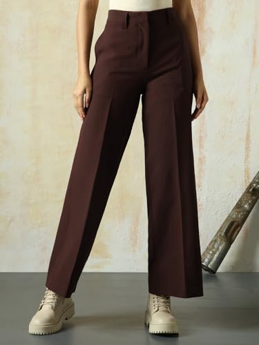 Image of High Star Women High Rise Solid Regular Length Wide Leg Casual Trousers