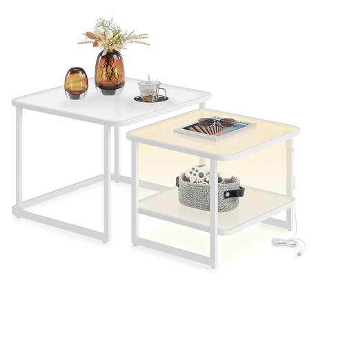 VASAGLE Couchtisch, 2er-Set mit LED-Beleuchtung, quadratischer Beistelltisch, modern, Milchglas, untere Ablage, für Wohnzimmer, Schlafzimmer, Büro, wolkenweiß-perlweiß LCT246W01