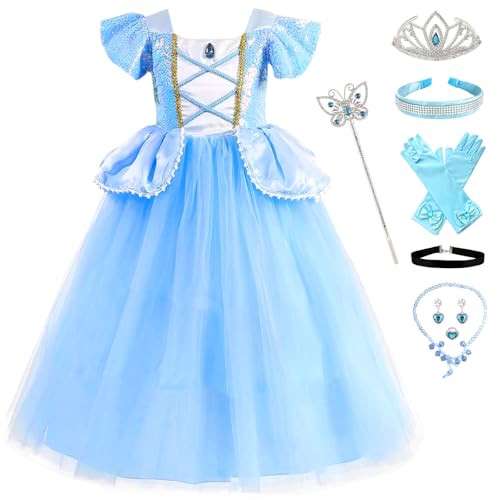 Fengligoo Blue Princess Costume Dress for Girls Kids Halloween Cosplay Party Outfit 6-7 Years